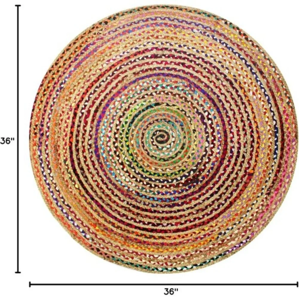New 3ft Round Jute Cotton Chindi Rug, Boho Farmhouse Handwoven Reversible Mat
